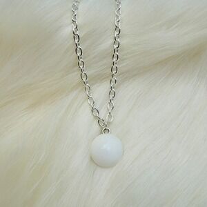 White Dome Pendant Necklace on Silver Tone Chain